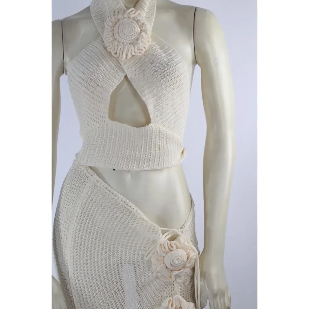 Cream Knit 2 Pc Set S Halter Keyhole Crop Top Asymmetric Slit Maxi Skirt